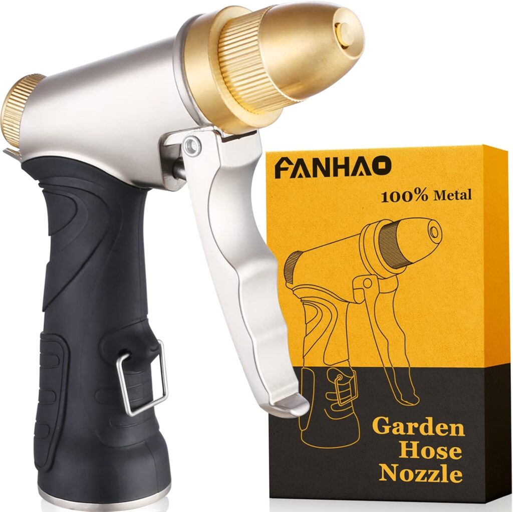 FANHAO Garden Hose Nozzle, 100% Heavy Duty Metal Spray Nozzle High Pressure Water Nozzle with 4 Patterns for Watering Garden, Washing Cars and Showering Pets – Full Brass Nozzle + ABS Non-Slip Grip