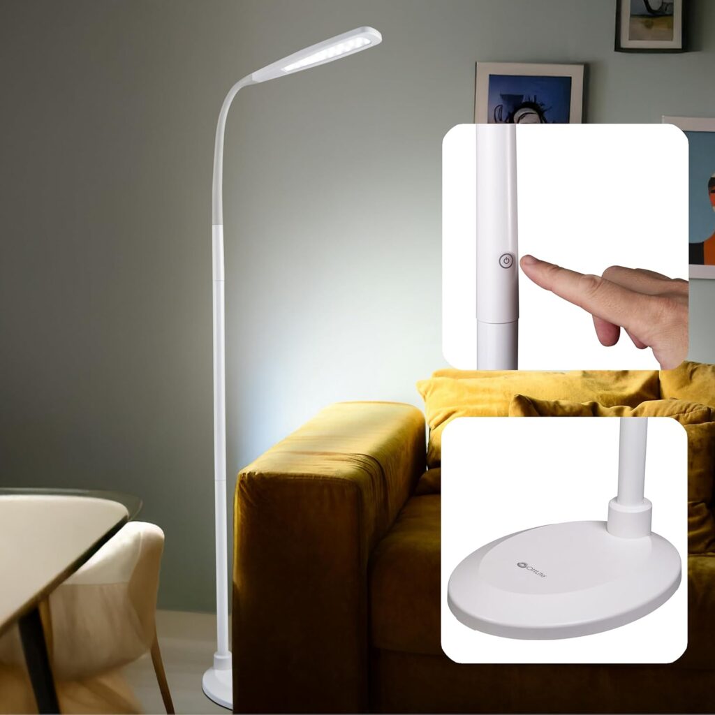 OttLite Flex LED Floor Lamp – Touch Activated Controls, Adjustable Neck, Smart Memory Feature, ClearSun LED Light, for Reading, Sewing, Crafting, Work, Study