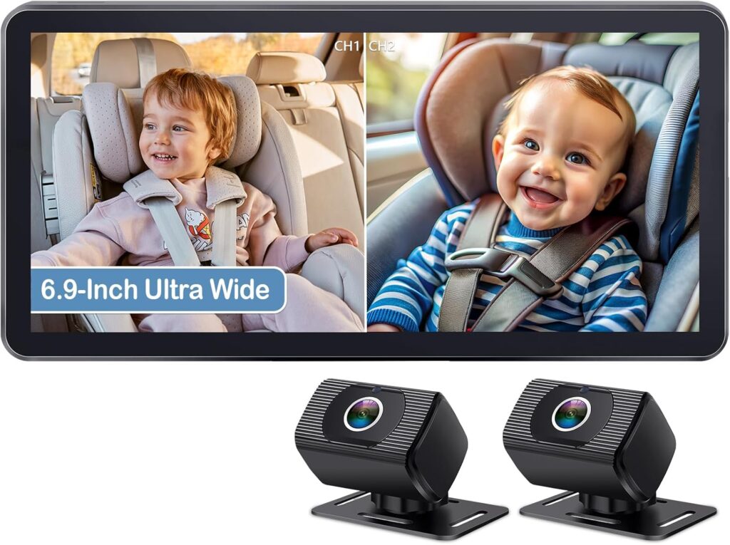 2-Kids Baby Car Camera for Seat: 6.9 Inch Ultrawide Display with Two Cameras Rear Facing – USB Powered Backseat Camera HD 1080P Easy to Install