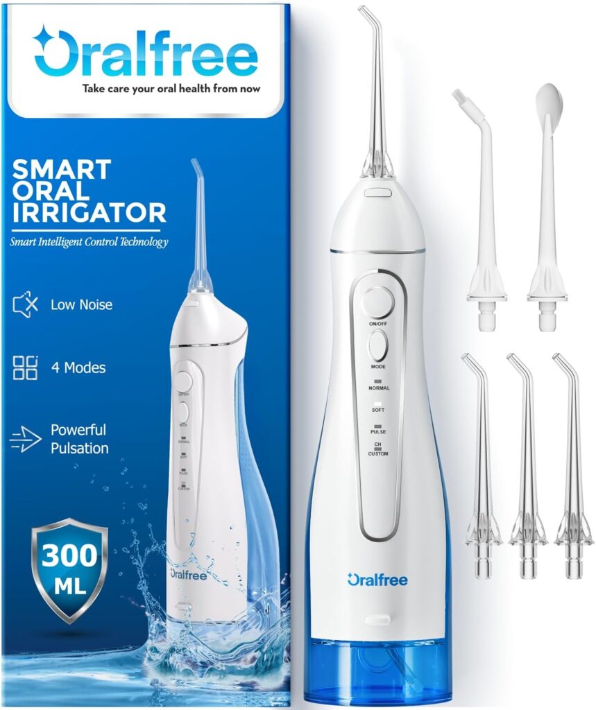 Oralfree Water Dental Flosser Cordless for Teeth Cleaning – 4 Modes Oral Irrigator 300ML Braces Flossers Cleaner, Rechargeable Portable IPX7 Waterproof Powerful Battery for Travel Home