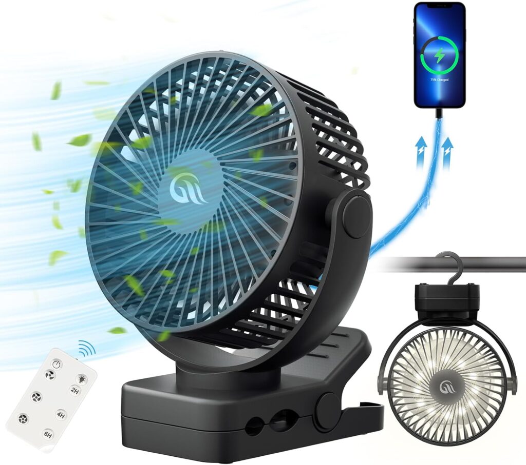 Portable Fan with Remote Control & Timer & LED Lights, 60hrs 12000mAh USB Rechargeable Battery,Clamp/Hanging/Stand Up, Small Clip on Fan for Baby Stroller, Bed, Desk, Camping Tent, Travel