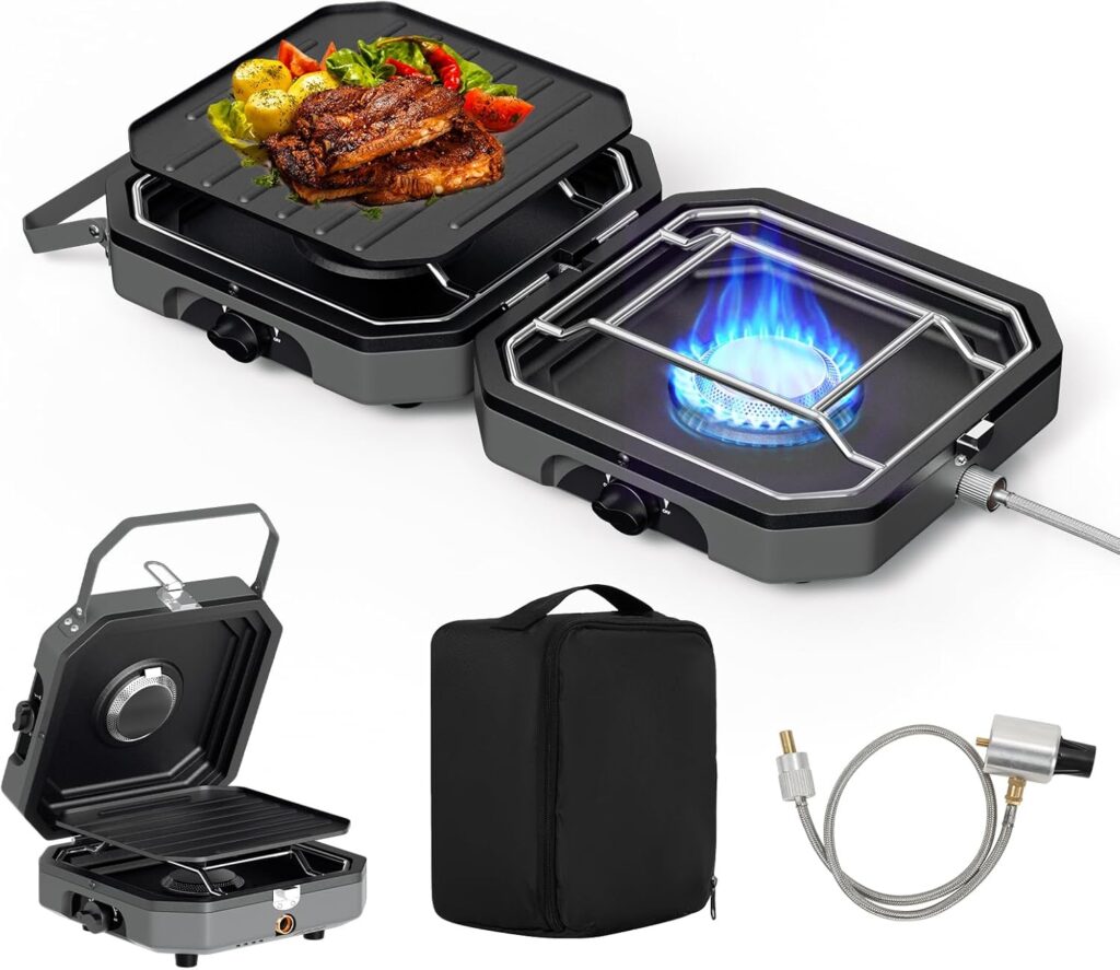 Adjustable 2-Burner Portable Stove with 16000 BTU, Flameout Protection, with Camping Grill and Carrying Bag, Propane Camping Stoves for Camping, Backyard BBQ,Tailgating (Grey)