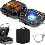 Adjustable 2-Burner Portable Stove with 16000 BTU, Flameout Protection, with Camping Grill and Carrying Bag, Propane Camping Stoves for Camping, Backyard BBQ,Tailgating (Grey)