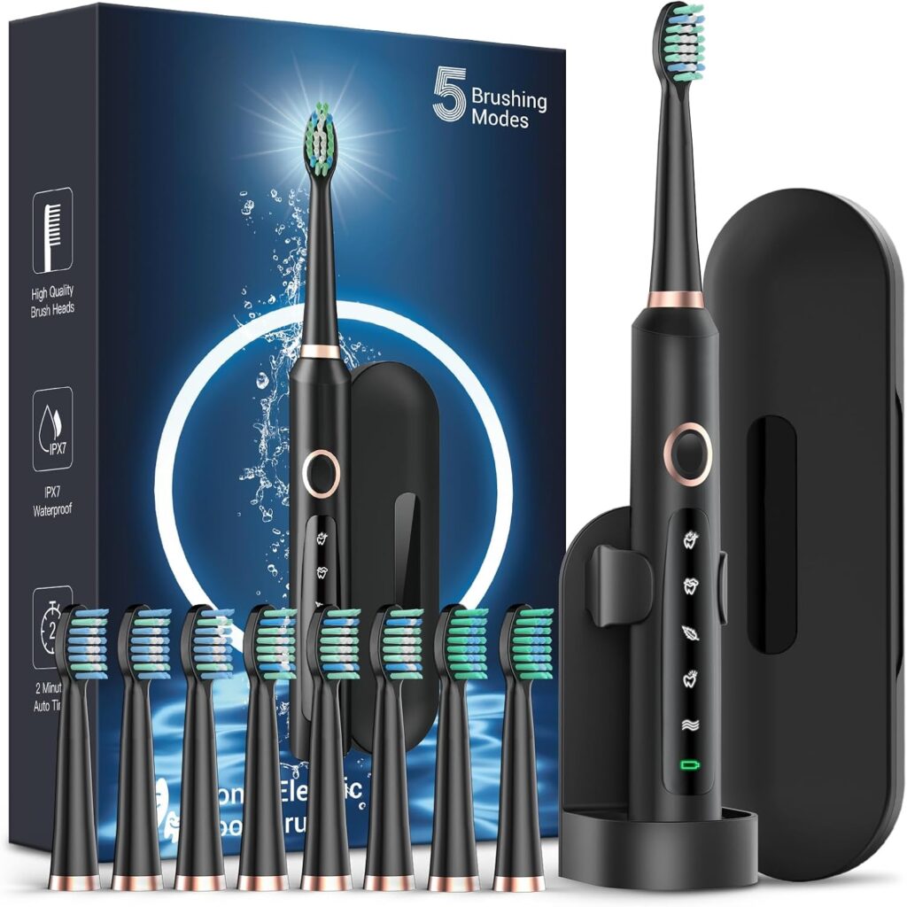 Rtauys M5 Sonic Electric Toothbrush for Adults and Kids – Rechargeable Electric Toothbrush Kids Ages 12+ and Adults with 8 Brush Heads & Travel Case, 120 Days Battery Life – Black