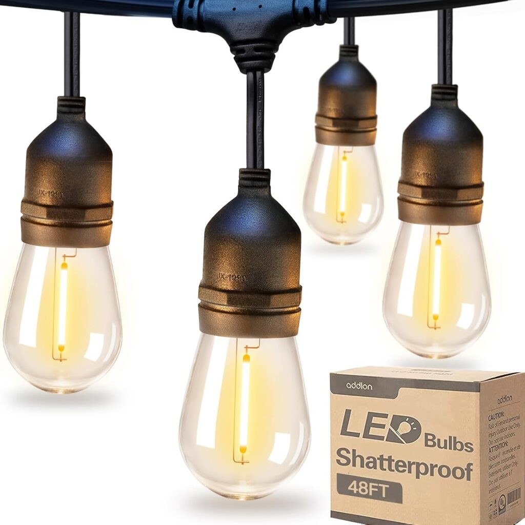 addlon LED Outdoor String Lights 48FT with Edison Vintage Shatterproof Bulbs and Commercial Grade Weatherproof Strand – ETL Listed Decorative Lights for Patio Garden