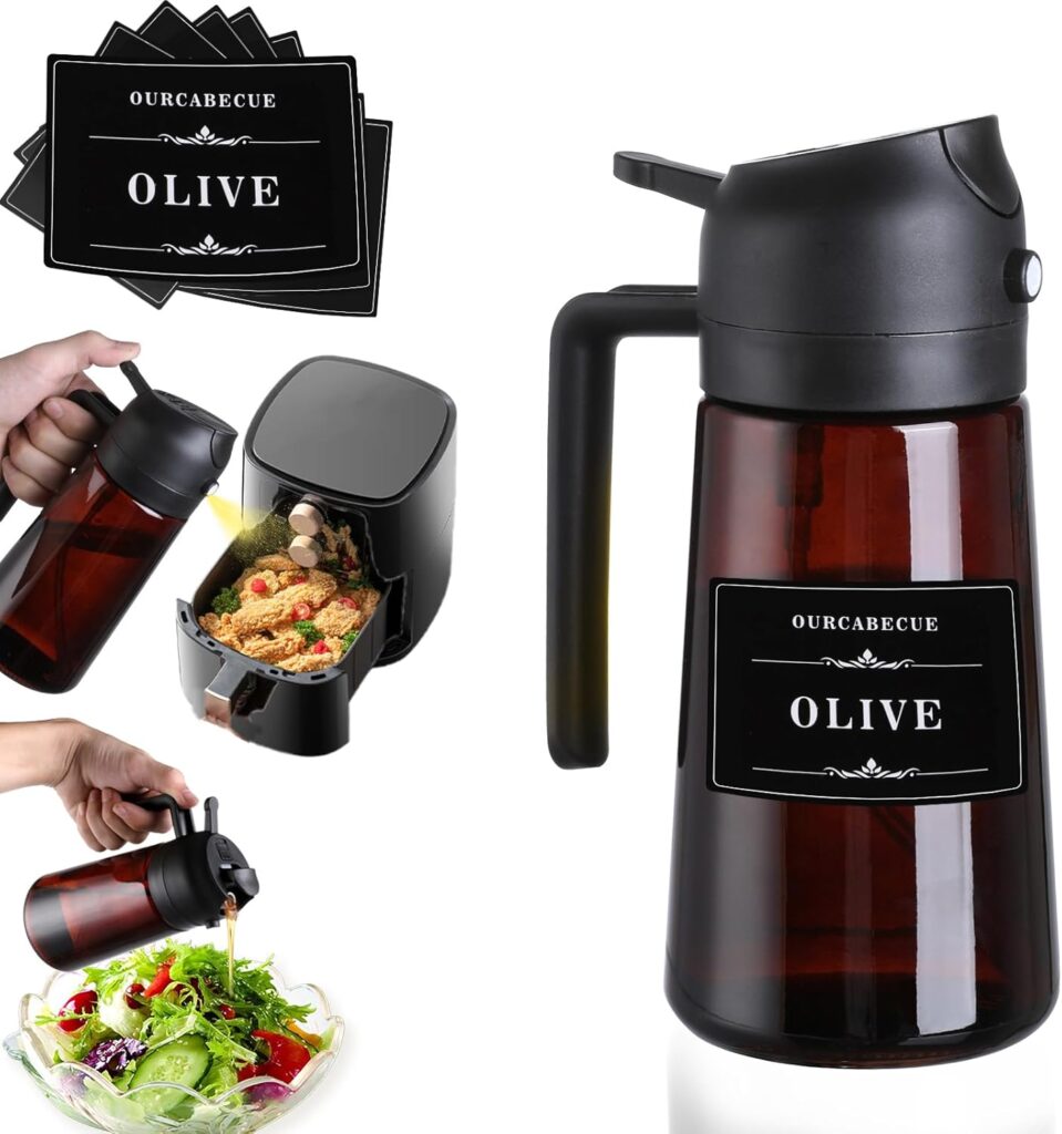 Oil Sprayer for Cooking, 16oz Glass Olive Oil Dispenser Bottle for Kitchen Gadgets, 2 in 1 Spray and Pour Dark Brown Bottle with Stickers for Air Fryer, Salad