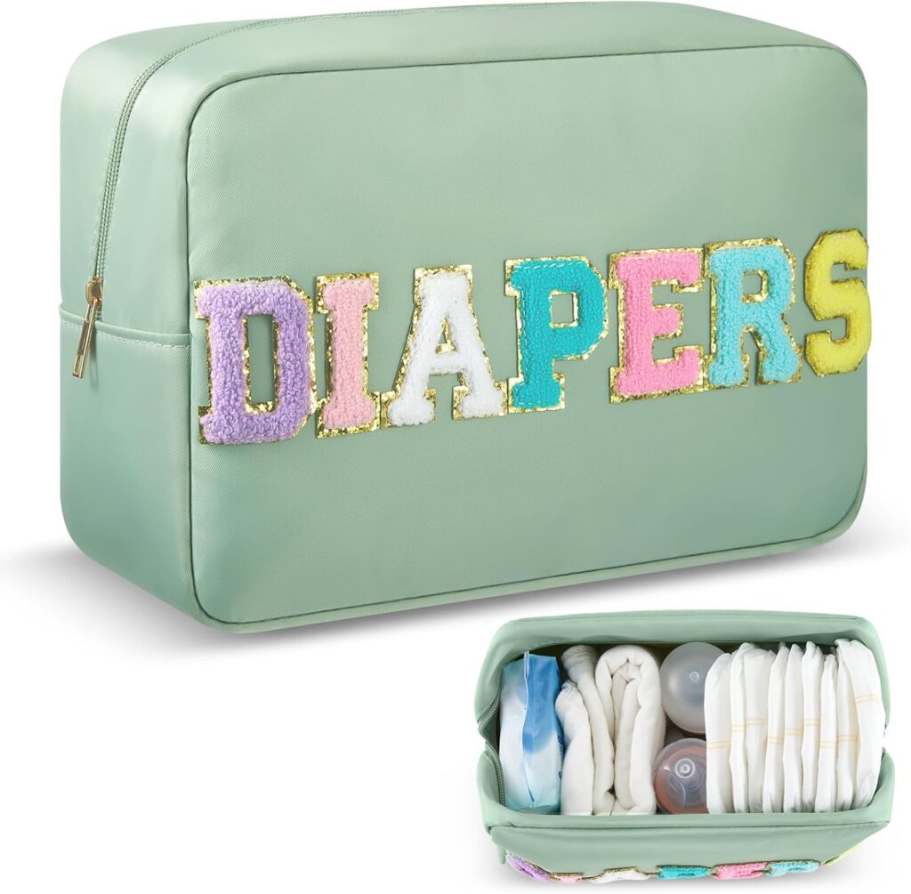 Geetery Portable Diaper Caddy Bag Organizer Sage Green Baby Small Diaper Storage Bin Baby Wipes, Chenille Letter Essentials Must Haves for Nursery Changing Table Pail Shower Gifts for Mom to Be