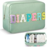 Geetery Portable Diaper Caddy Bag Organizer Sage Green Baby Small Diaper Storage Bin Baby Wipes, Chenille Letter Essentials Must Haves for Nursery Changing Table Pail Shower Gifts for Mom to Be