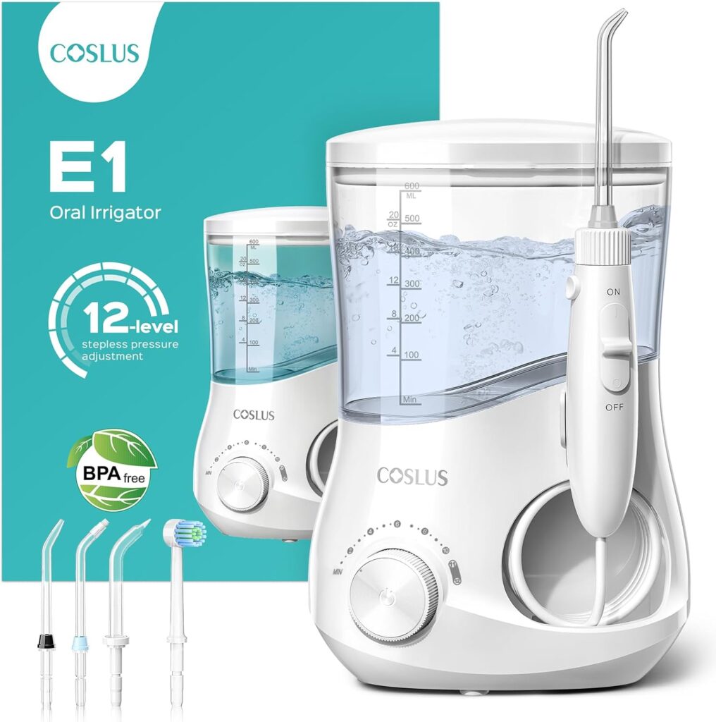 COSLUS Electric Water Flosser for Teeth: Professional Dental Pick for Orthodontic, Sensitive Gums, Braces – 12 Pressure Settings & ​​5 Multi-Functional Tips for Multiple Users, Home Use, White, E1