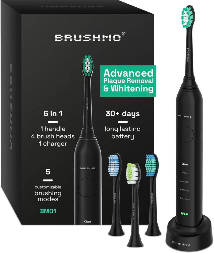 Brushmo Super Sonic Electric Toothbrush with 4 Replacement Heads – Rechargeable Electronic Tooth Brush for Adults with 5 Customizable Modes – IPX7 Waterproof & Long-Lasting Battery – Black
