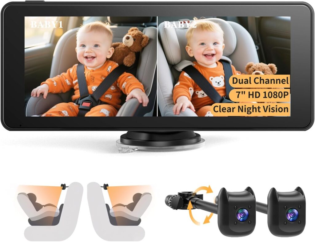 Dual Car Camera Baby Monitor with 6.9″ Split Screen-1080P HD Carseat Camera for 2 Kids with 360° Full Rotation-Night Vision, Auto-Detail Enhancement, 2 Power Ways, Easy Install, for Twins & Siblings