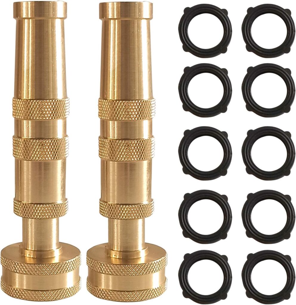 Hourleey Adjustable Twist Hose Nozzle, 4″ Heavy-Duty Brass Hose Nozzle with 10 Garden Hose Rubber Washers, 2 Pack