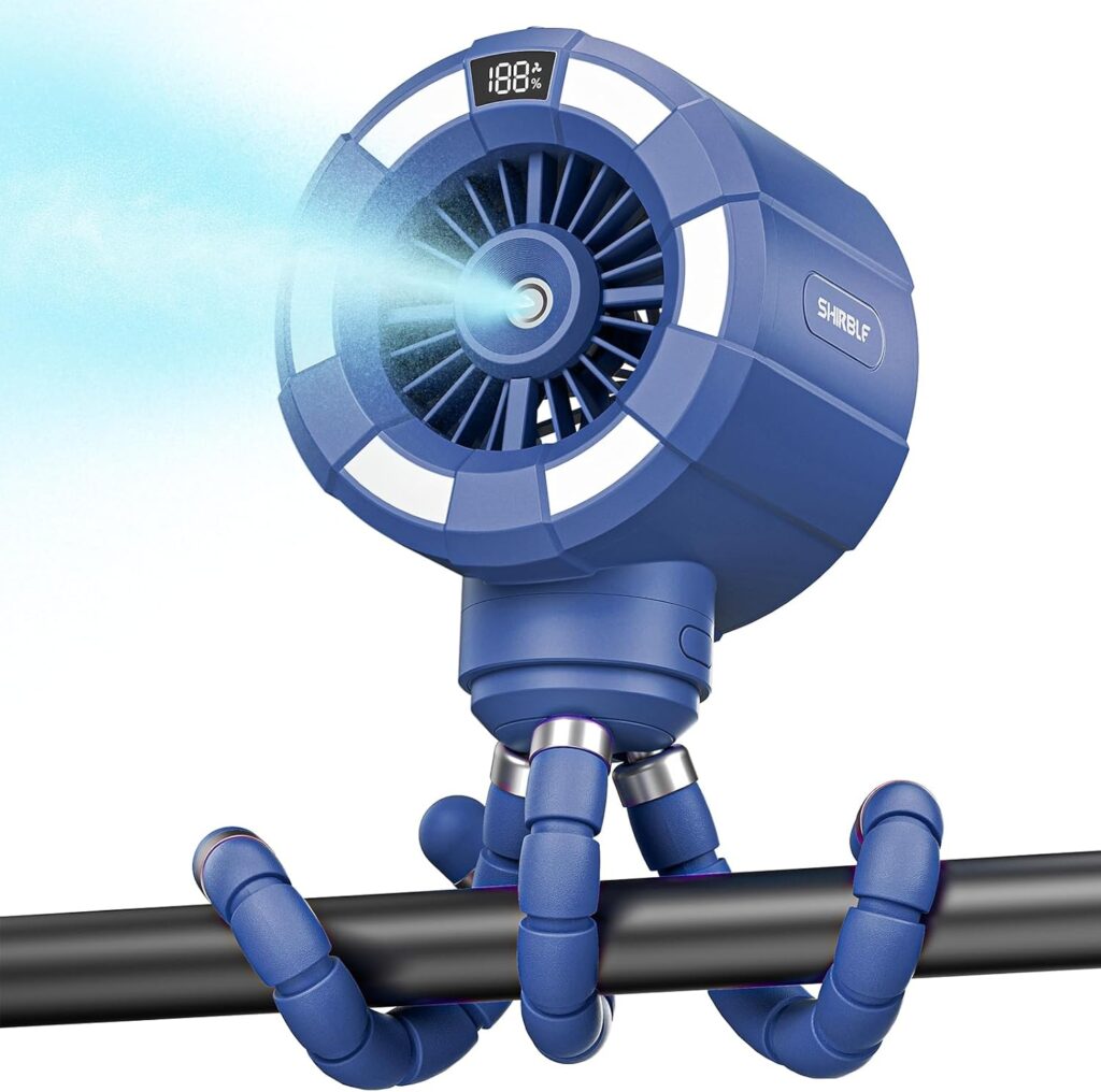 6000mAh Misting Fan for Stroller, 3 Speeds Portable Clip Fan with Intermittent/Continuous Spray, 14H Cooling, Detachable Mount, Timer & Night Light for Baby (100ML Water Tank)-Darblue vine