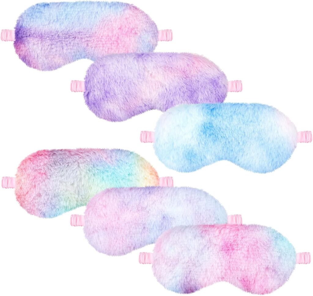 Cuffbow 6 Pcs Plush Sleep Eye Mask Silk Furry Eye Covers for Sleeping Cute Sleep Mask Fluffy Comfortable Sleeping Blindfold for Travel Sleepover Nap Party Supply Girls Women(Rainbow)