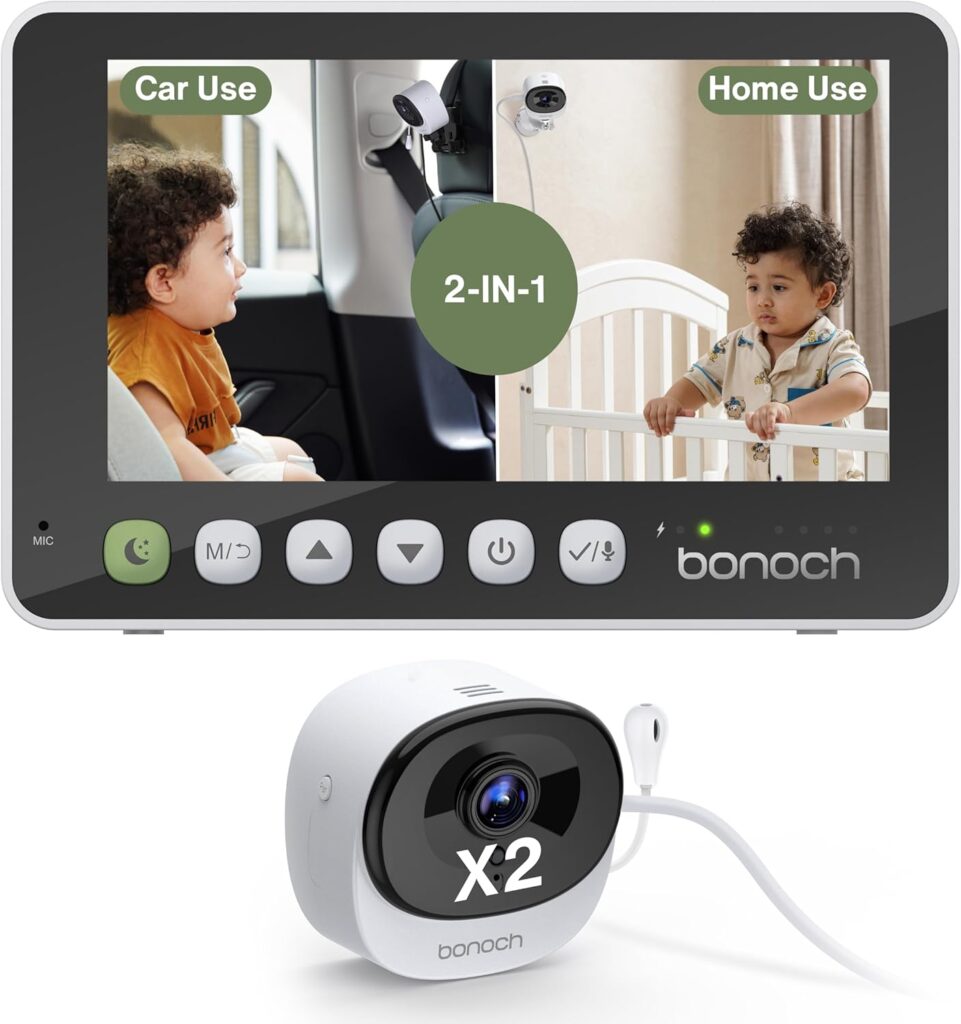 bonoch 2-in-1 Car Home Dual-Use Baby Monitor, 5″ 1080P HD Clear View Wireless Monitor, 2 USB Powered Cameras for Baby, Seamless Transition Between Car & Home, 360° Rotatable, Night Vision