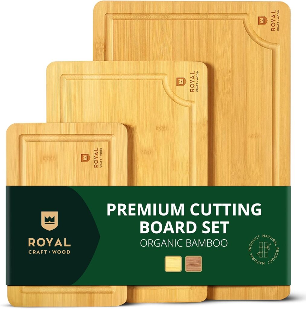 ROYAL CRAFT WOOD Wooden Cutting Boards for Kitchen Meal Prep & Serving – Bamboo Wood Serving Board Set with Deep Juice Groove Side Handles – Charcuterie & Chopping Butcher Block for Meat