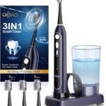 Electric Toothbrush with Water Flosser Combo, All in One Sonic Toothbrush with 3 Modes & 5 Flossing Speeds, Rechargeable & Portable for Adult Teeth Cleaning and Plaque Removal, Dark Blue