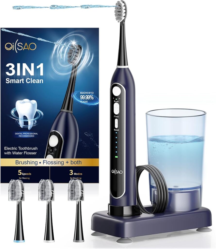 Electric Toothbrush with Water Flosser Combo, All in One Sonic Toothbrush with 3 Modes & 5 Flossing Speeds, Rechargeable & Portable for Adult Teeth Cleaning and Plaque Removal, Dark Blue