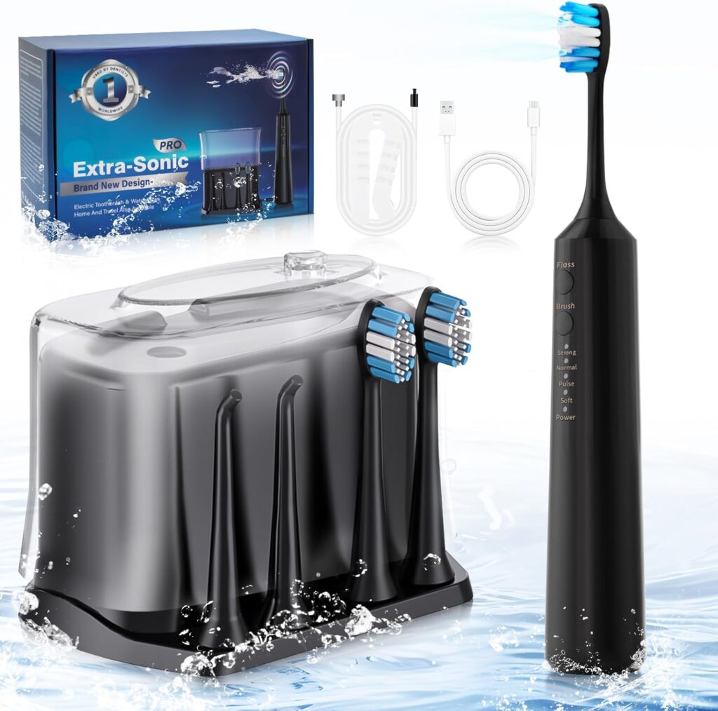 2-1 Professional Electric Toothbrush with Water Flosser, 3800VPM Ultrasonic Water Dental Flosser Toothbrush Combo- 4 Modes & 4 Intensity Levels, Brushing & Flossing for Home and Travel, Black