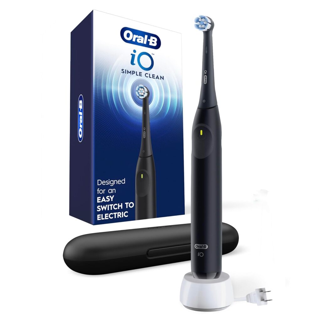 Oral-B iO Simple Clean Rechargeable Electric Powered Toothbrush, Night Black with 1 Gentle Care Brush Head and 1 Black Travel Case – Automatic Pressure Sensor to Protect Gums – 3 Modes – 2 Min Timer