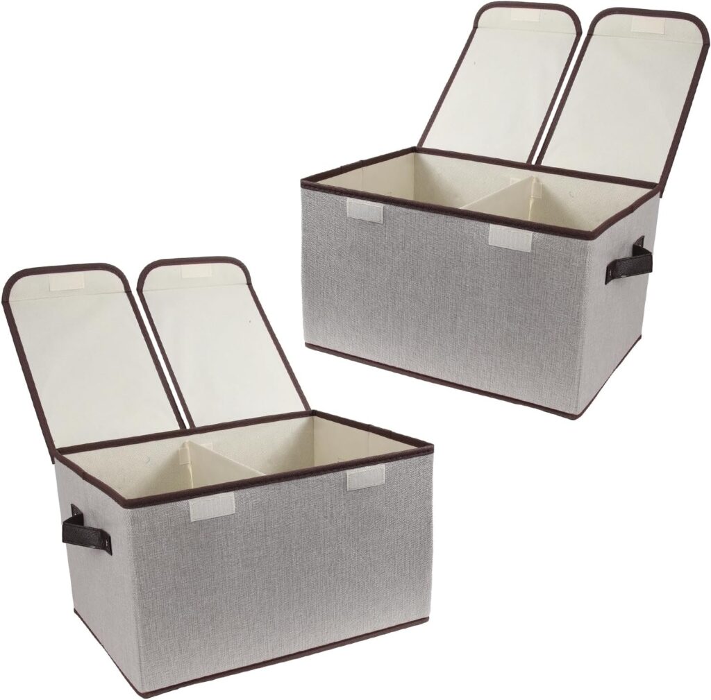 Foldable Fabric Storage Box with Double-Lid & Dividers, Large Organizer for Home, Closet, Office (Grey, 2 Packs)