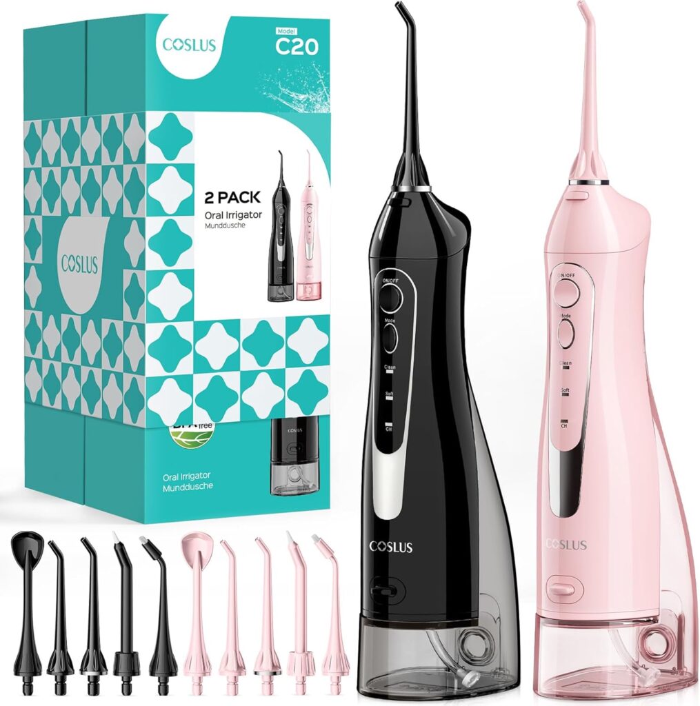 COSLUS 2 Pack Cordless Water Flosser with Elegant Packaging for Teeth, Braces, Gums Care – Easy to Use, Rechargeable, Waterproof, Portable for Travel, BPA-Free, Black & Pink, C20(F5020E)