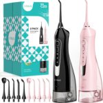 COSLUS 2 Pack Cordless Water Flosser with Elegant Packaging for Teeth, Braces, Gums Care – Easy to Use, Rechargeable, Waterproof, Portable for Travel, BPA-Free, Black & Pink, C20(F5020E)
