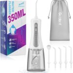 350ML Water Dental Flosser Teeth Pick with Travel Bag, 5 Modes Portable Cordless Oral Irrigator Cleaner, Electric Rechargeable IPX7 Waterproof for Home Travel Teeth Cleaning flossing (White)