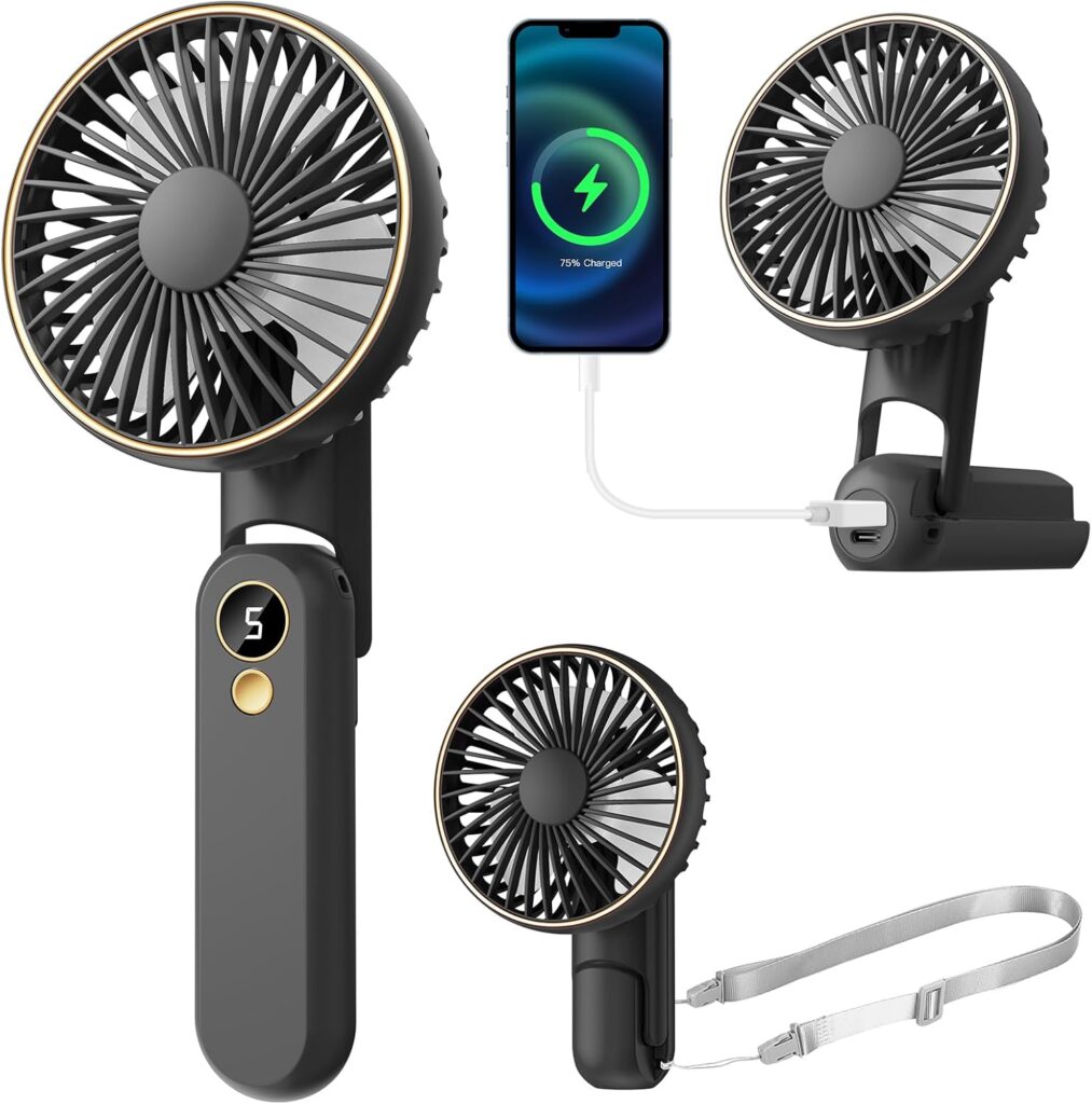 Portable Handheld Fan, [Up to 15 Working Hours] 180° Foldable Personal Fans, USB Rechargeable Mini Hand Fan for Travel/Summer/Outdoor/Office, 5 Speeds Adjustable, LED Display,Black