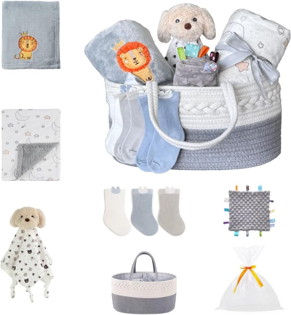 CREVENT Gift Set for Newborns -Diaper Caddy Organizer Basket with 2 Blankets, 1 Taggie, 1 Lovey, 3 Socks，1 Gift Bag with Ribbon – Welcome Essential Baby Shower (Neutral