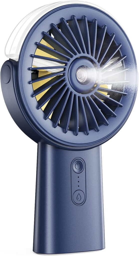 Otlonpe Rechargeable Handheld Portable Misting Fan, 4-15 Hrs Runtime, Small Personal Mist Portable Fan 4000mAh Battery Operated, Water Spray, 90° Rotatable, Power Bank, Hand Held Desk 2 IN 1 (Blue)