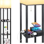 Mlambert Modern Shelf Floor Lamp with Wireless Charger & Fast Charging USB Ports & Type C Port & 2 Power Outlets,3 Tier Storage Lamp for Bedroom,Black
