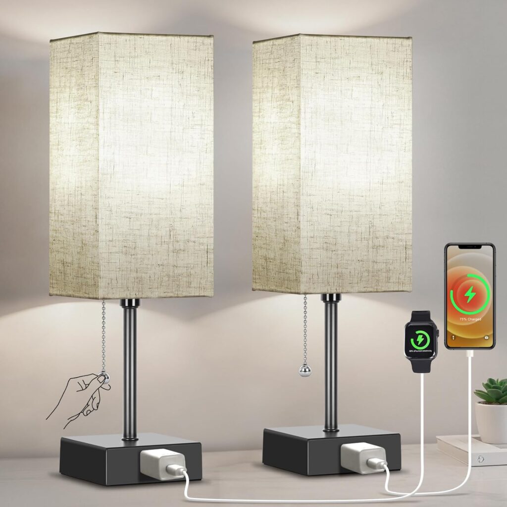 Table Lamp for Bedroom Set of 2, Bedside Lamps with 3 Color Temperatures Night Light, Lamp for Night Stands with AC Outlet and Square Shade, Pull Chain Small Desk Lamp for Living Room Home Decor