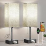 Table Lamp for Bedroom Set of 2, Bedside Lamps with 3 Color Temperatures Night Light, Lamp for Night Stands with AC Outlet and Square Shade, Pull Chain Small Desk Lamp for Living Room Home Decor