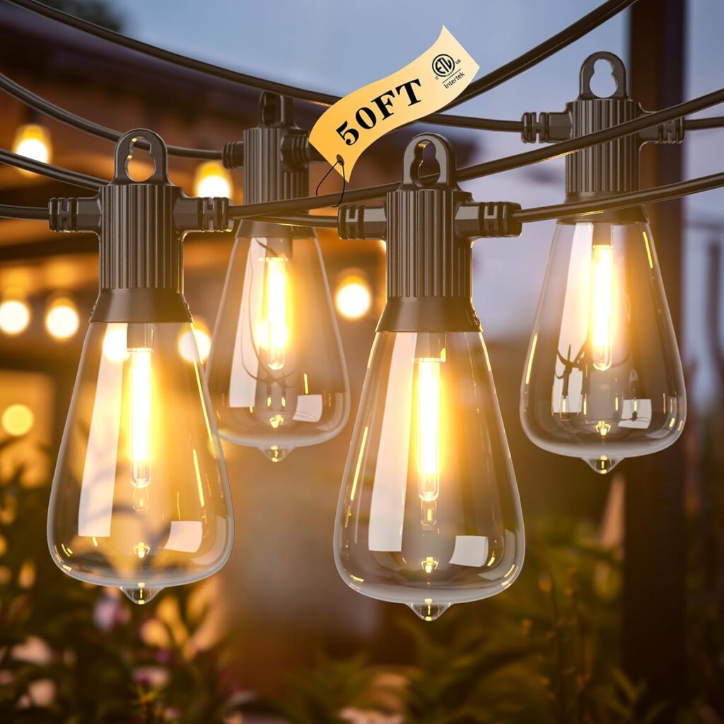 Kawaya 50FT Outdoor String Lights – Outside LED Patio Light with 25+2 Shatterproof Vintage Edison Bulbs – 2700K Dimmable IP65 Waterproof Hanging Lighting for Yard Porch Deck Balcony Bistro Cafe Party