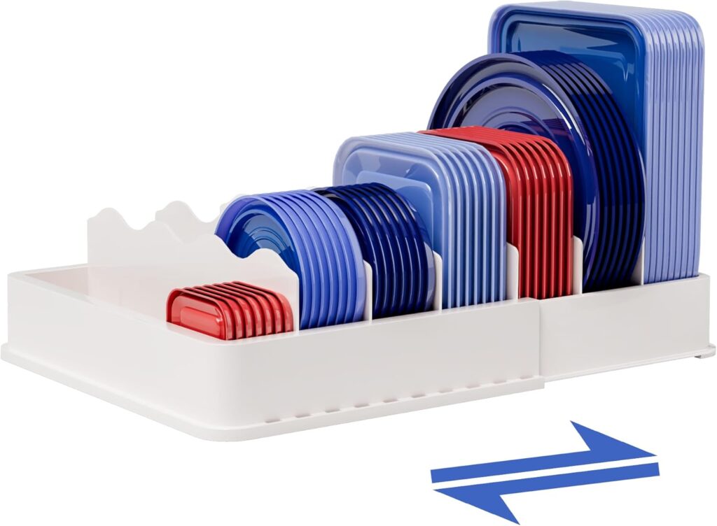 SWOMMOLY Expandable Food Storage Container Lid Organizer, Includes 6 Adjustable Dividers, 30 Preprinted and Blank Writable Labels, White