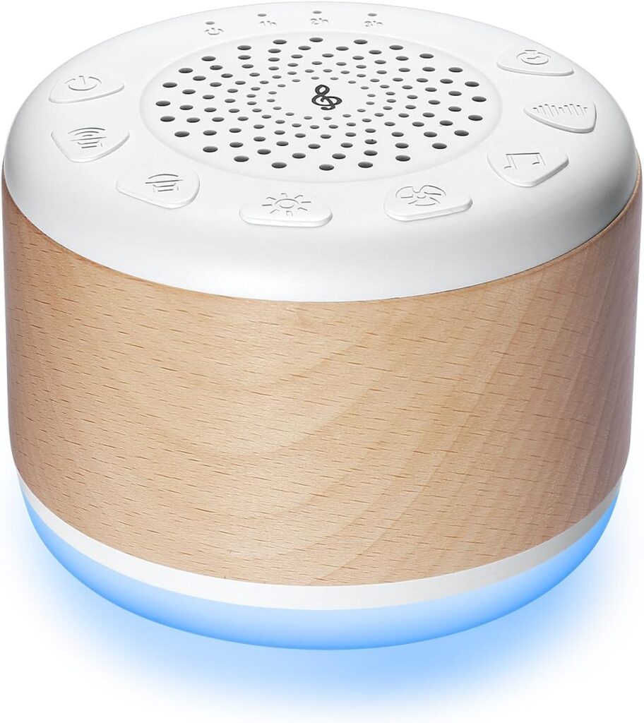 Solid Wood White Noise Sound Machine for Baby Adults Kids Sleep Sound Machine with 24 Soothing Sounds 8 Colors Night Light Timer Setting Function Portable Noise Machine for Gift (White, 3.93)