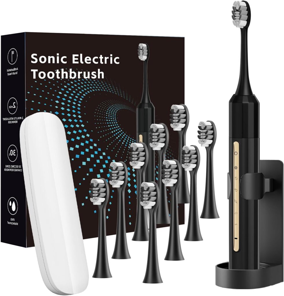 Sonic Electric Toothbrush with 10 Brush Heads for Adults and Children, Up to 30 Days on a Single Charge, 5 Modes, Built-in 2-Minute Smart Timer, IPX8 Waterproof Electric Toothbrush (Black)
