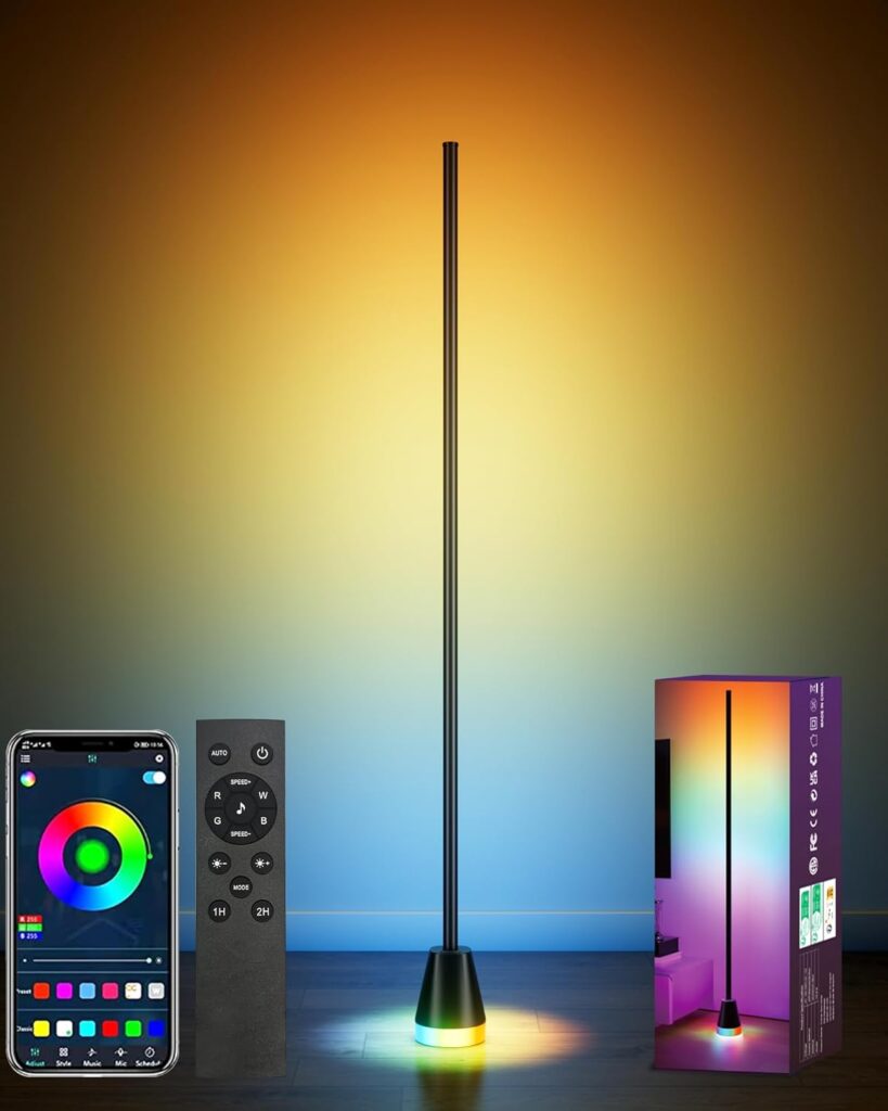 Corner Floor Lamp, Smart RGB LED Corner Lamp with App and Remote Control, 172 LED Light Beads and 16 Million Colors Changing Standing Lamps with Music Sync for Living Room, Bedroom, Gaming Room, Black