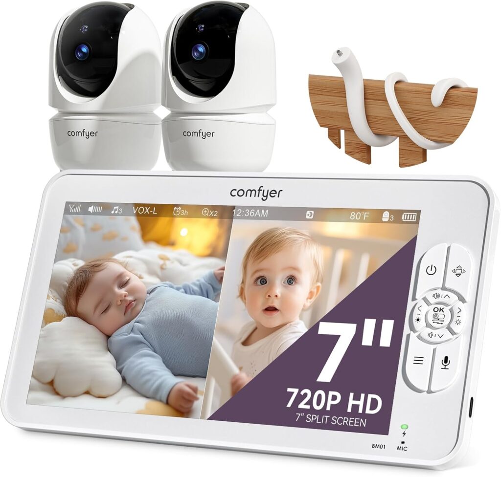 7″ Split-Screen Baby Monitor with 2 1080P Cameras, 720P HD No WiFi Monitor with a Flexible Bracket, 6000mAh Battery, VOX Mode, 2 Way Audio, Remote PTZ, Auto Night Vision