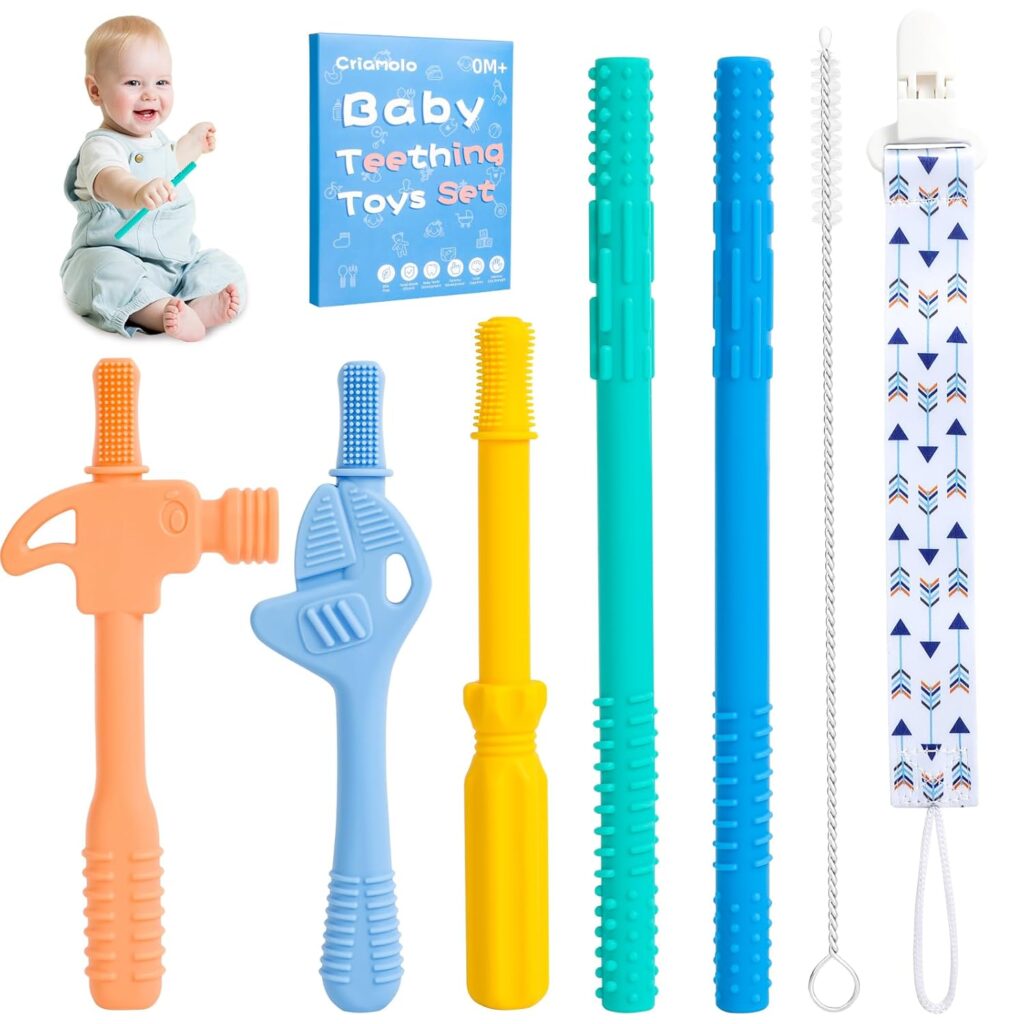 Teething Sticks for Babies Hollow Teether Tubes Teething Straws Teething Relief Toys for Toddlers 0-18 Months, 5 Packs Teething Toys Tube Hammer Wrench Shape Gift for Boys Girls, BPA Free