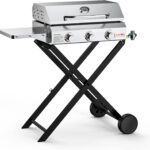 Portable Propane Gas Griddle 3-Burner with Foldable Cart & Side Table, Flat Top Gas Grill Griddle Stove with Lid, for Outdoor Cooking Patio Backyard Camping RV Tailgating Beach, GS310