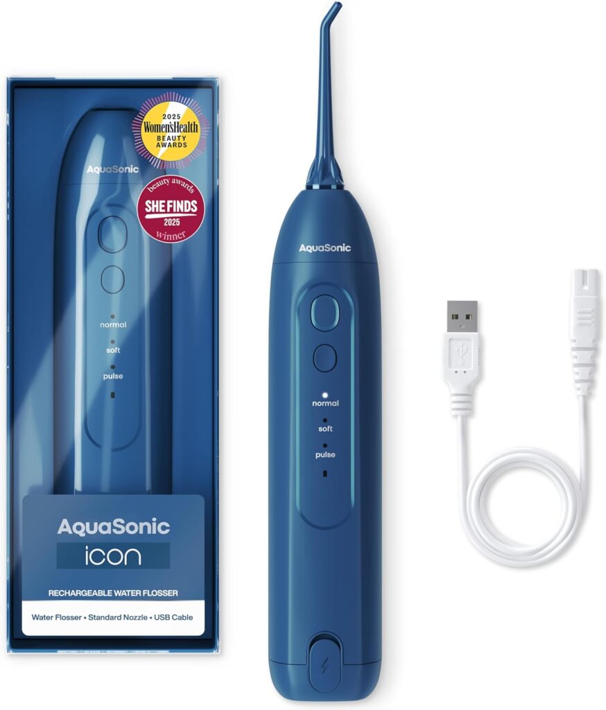 AquaSonic Icon Water Flosser for Teeth – Cordless Rechargeable Oral Irrigator – Waterproof, Portable Dental Cleaning with Jet Tip – Braces Home Travel – Navy