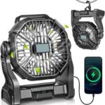 Portable Camping Fan, Rechargeable Battery Operated with LED Lights, Hanging Hook, 270°Rotation, 20000mAh Battery Powered Fan for Beach, Office, Picnic, Fishing, Travel, Tent