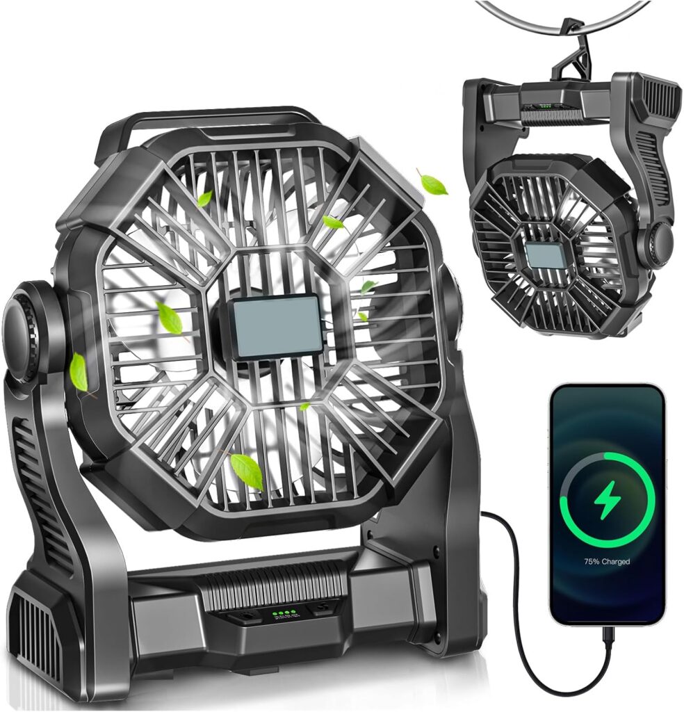 Portable Camping Fan, Rechargeable Battery Operated with LED Lights, Hanging Hook, 270°Rotation, 20000mAh Battery Powered Fan for Beach, Office, Picnic, Fishing, Travel, Tent