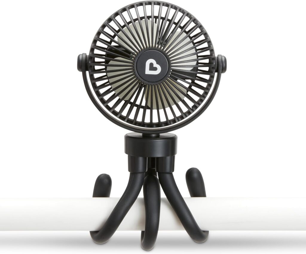 Munchkin Stroller Fan – Portable Fan for Travel, Baby Gear Accessory with 4 Speeds, Flexible Clip-on Leg Attachment, Rechargeable Battery, Black with Multicolored LED Lights
