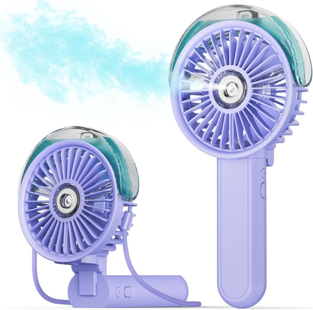 SWEETFULL Portable Misting Fan – 180° Foldable Handheld Personal Fan with Mist Spray, 3 Speeds, 30ml Water Tank, USB Rechargeable for Travel, Outdoors, Makeup, Camping, Home, and Office Use