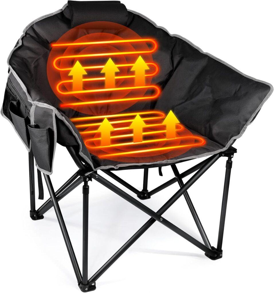 Suteck Oversized Heated Camping Chair – Fully Thicker Padded Heated Chairs for Outdoor Sports W/3 Heat Levels for Back & Seat, Heated Folding Chair for Adults with Carry Bag- Battery NOT Included
