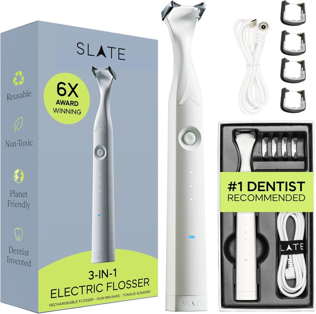 Slate Electric Flosser – Starter Set | 3-in-1 Dentist-Invented with Reusable Floss Heads, Gum Brushes & Tongue Scraper | More Effective Than String or Water Floss