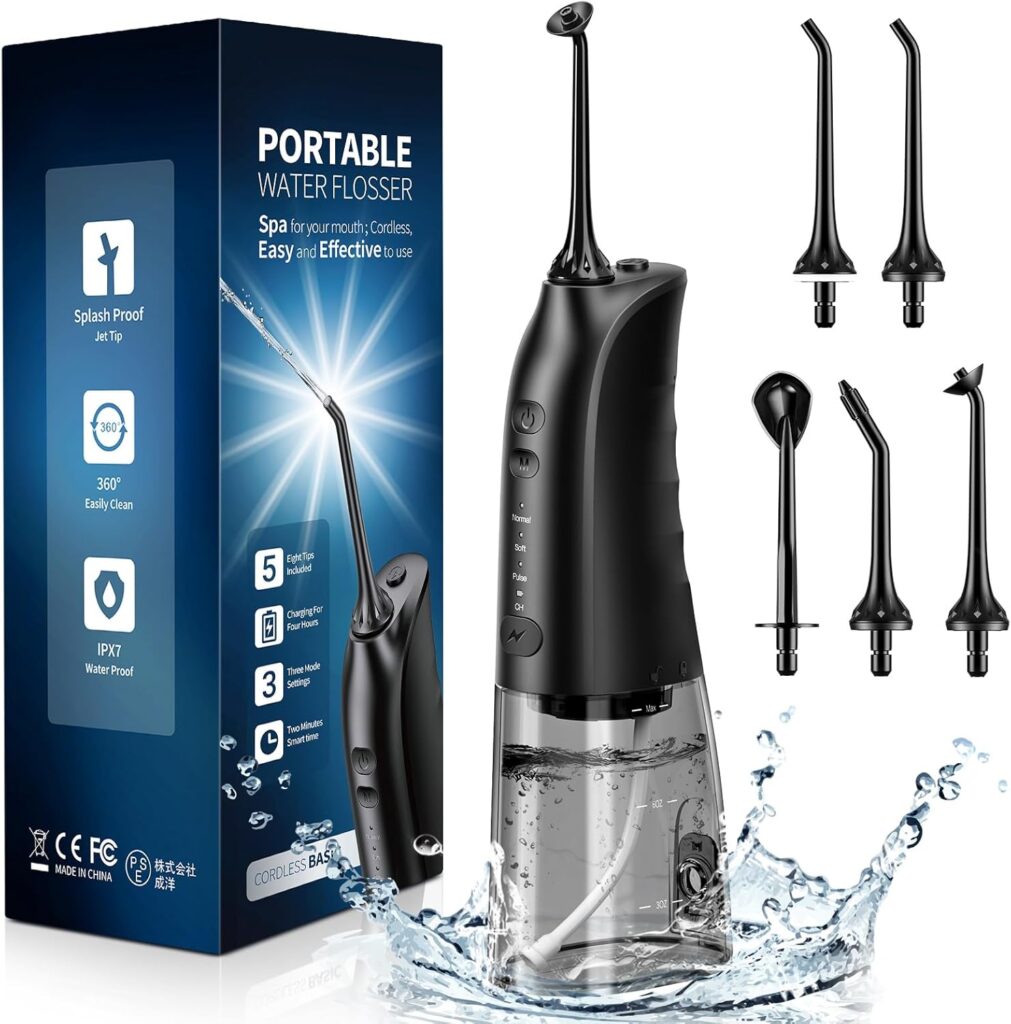 Demita Cordless Water Flosser for Teeth, 300ML 3 Modes 5 Jet Tips Portable Electric Flosser Pick for Adults, IPX7 Waterproof Oral Irrigator Cleaning Kit for, Gums, Braces Care(Black)
